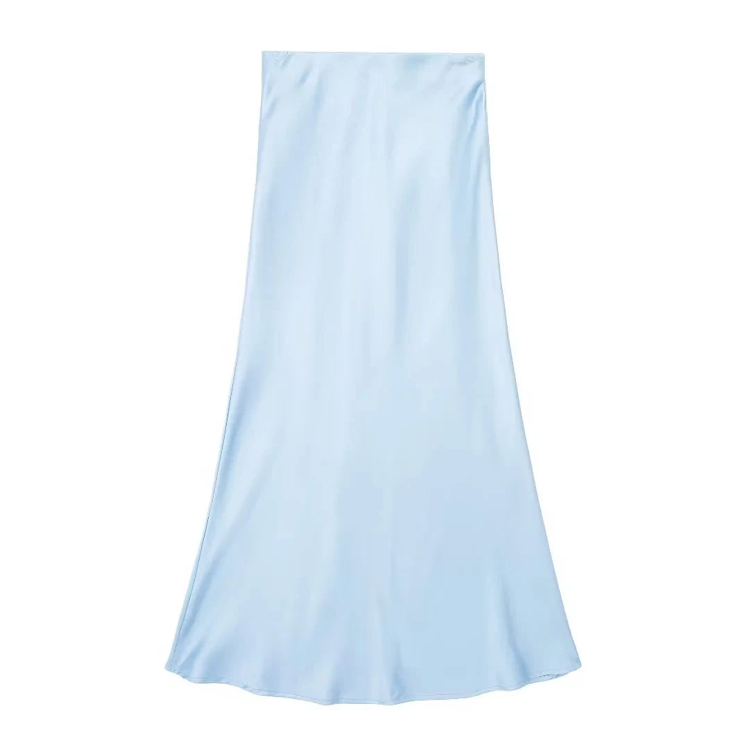 Women Long Skirt Spring Elastic High Waisted A-Line Casual Female Satin Skirts High Street Lady Skirts