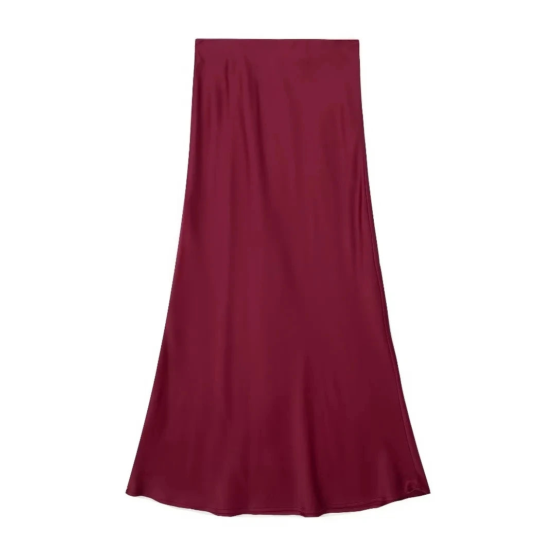 Women Long Skirt Spring Elastic High Waisted A-Line Casual Female Satin Skirts High Street Lady Skirts