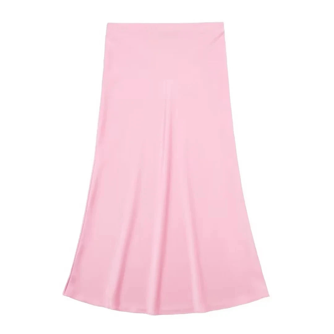 Women Long Skirt Spring Elastic High Waisted A-Line Casual Female Satin Skirts High Street Lady Skirts